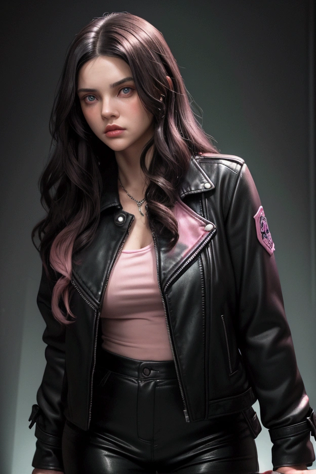 Create the illustration in the digital illustration style inspired by the GTA V loading screens of a young woman who appears to be 1, very dark brown wavy hair, large split to the sides, Very white skin with slightly pink cheeks and green eyes, wearing black leather jacket, Your fatal gaze, Sexy and serious, Her sexy expression, poor lighting. thriller atmosphere. Dark music room background
