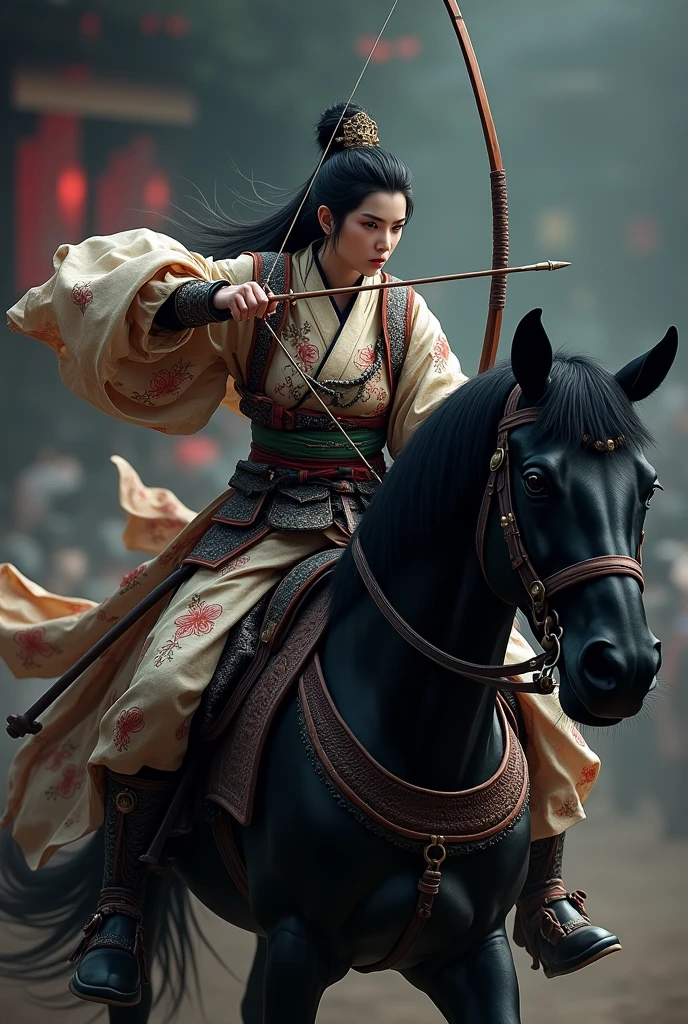 Onna-bugeisha with bow and arrow on a black horse