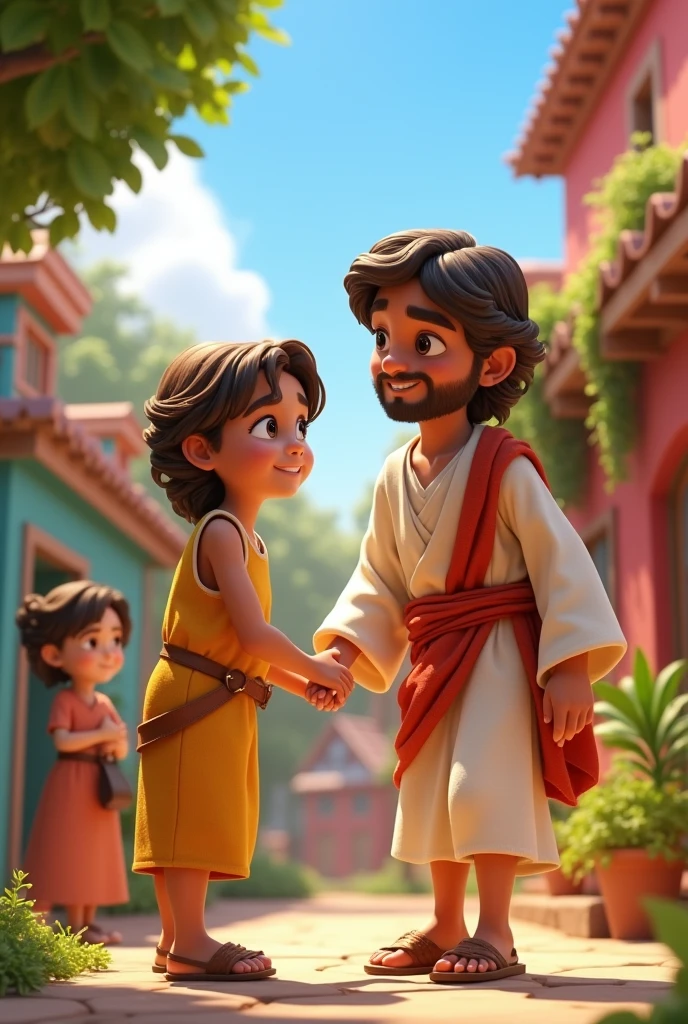 A 3D movie poster in Disney-Pixar style of Jesus as a as a kid helping his friend that broke his ankle