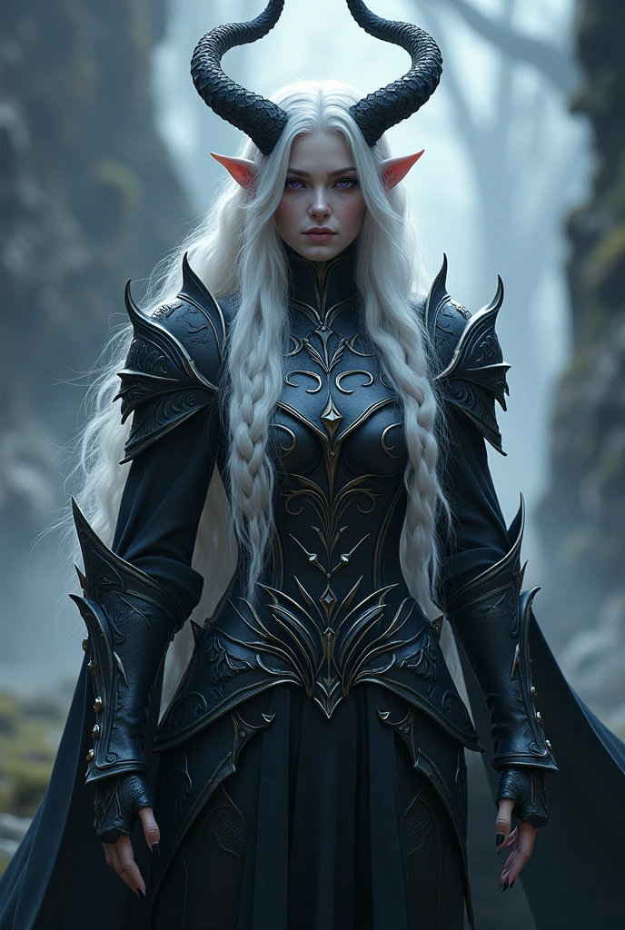 Create a demon prince with armor, that is attractive and elegant, that she has long white hair with some braids and lilac eyes