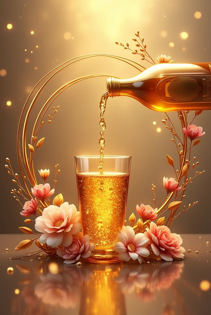 create a logo with a bottle pouring a golden liquid with flowers into a golden glass, and around some golden circles