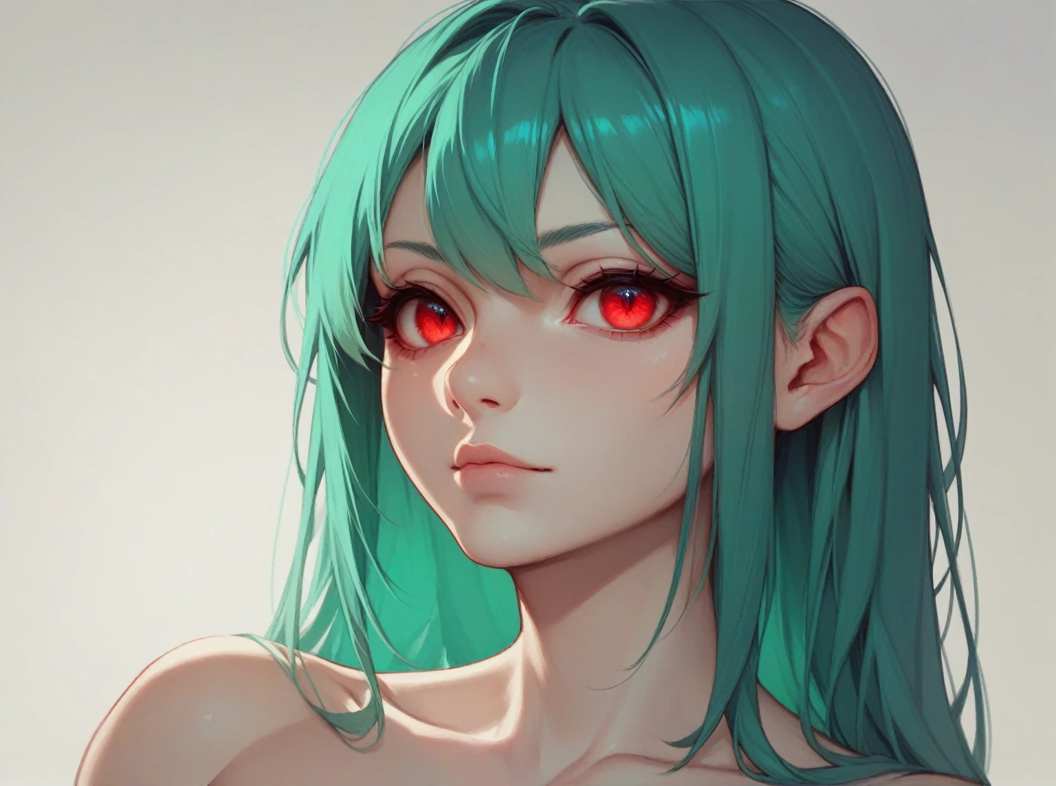A girl with aqua green hair , rectangular eyes , red eyes , big tits ,The girl&#39;s expression is lascivious,naked (no clothes) , He wears a plastic penis as a belt, and is charging at a boy with reddish pink hair , rectangular eyes , red eyes ,big penis , The boy&#39;s expression is tired,naked ( no clothes) , climax , submissive boy , two people , duo , from head to toe , The boy is in the doggy pose with the girl behind him , The girl has a strap on with a dildo and is fucking the guy from behind , the boy is being fucked by the girl 