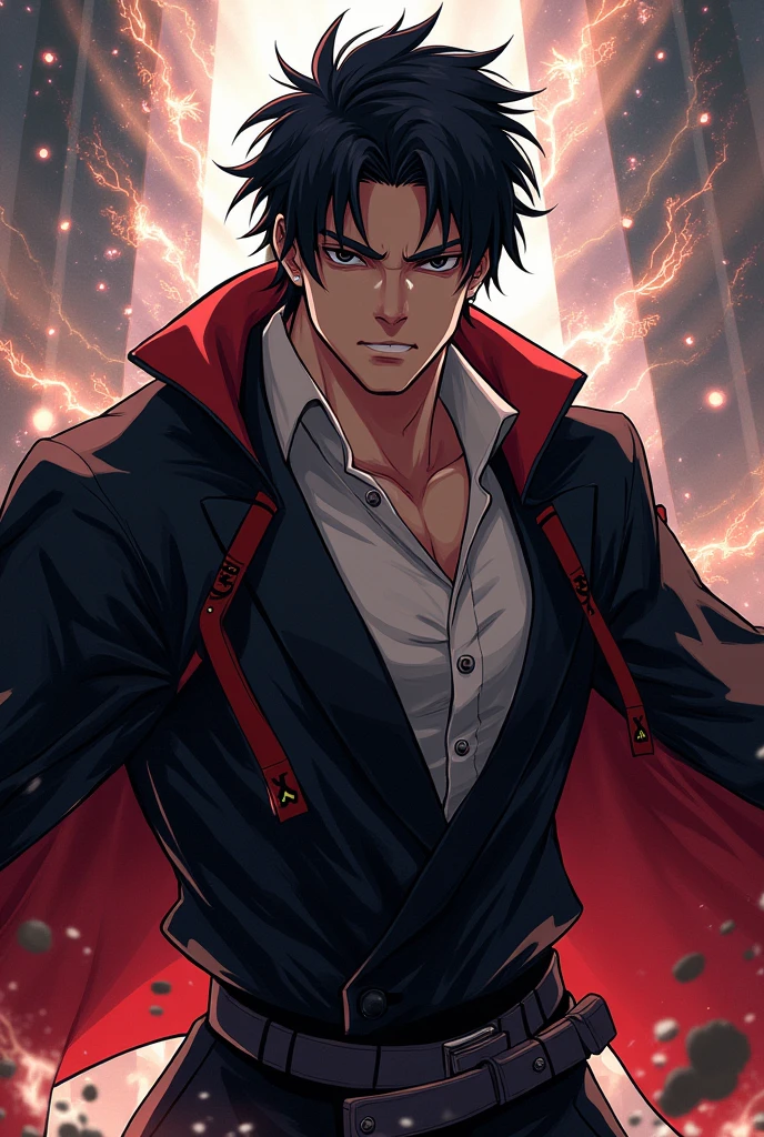 Adult male character in anime style jujutsu kaisen, medium black hair black eyes,