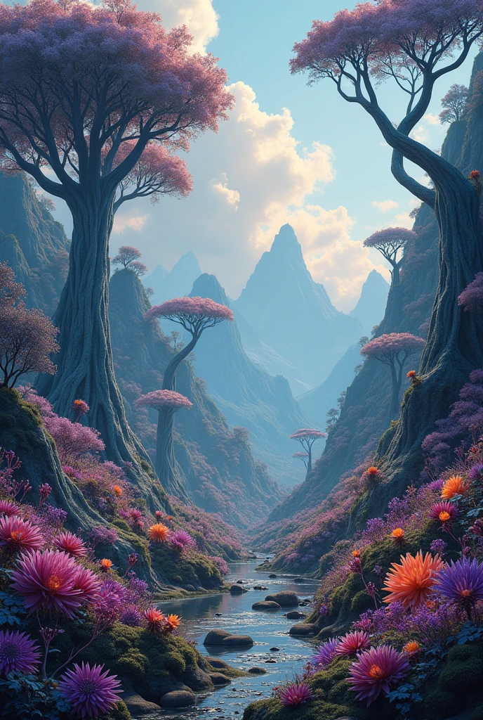 Create a landscape with trees and some plants with characteristics from another planet