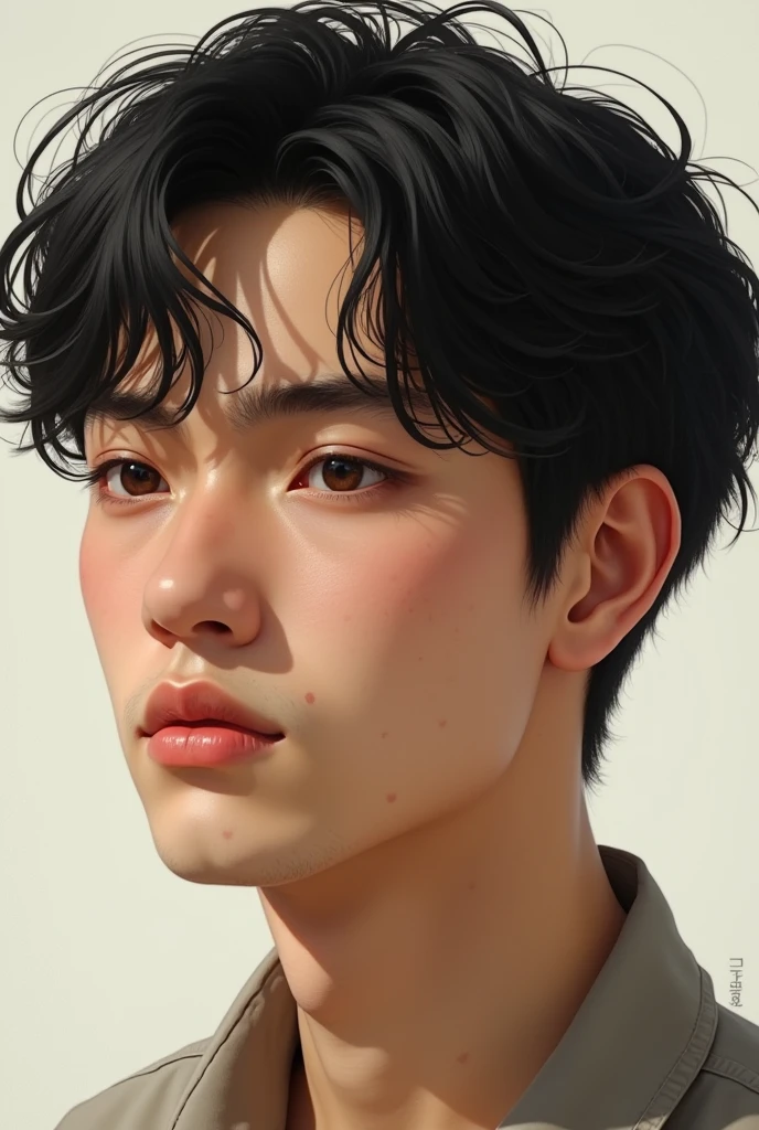 The man has an oval face, with subtly marked cheekbones that give balance to her expression. Her skin is light-toned and shows some acne marks on both cheeks., which are visible but not exaggerated, giving a natural and realistic look to your skin. His eyes are a dark brown color, Medium in size and slightly almond shaped. The character&#39;s gaze is serious and introspective, framed by straight eyebrows, Medium thickness, and well defined. The eyebrows are thick and placed in a way that enhances the intensity of her eyes., giving him a thoughtful expression. The nose is straight and thick , with a soft bridge and a slightly rounded tip, harmonizing well with the rest of your facial features. The lips are a little thick and well defined., with a slight natural curvature that gives it a neutral expression, neither smiling nor frowning. The upper lip is slightly thinner than the lower lip.. The hair is completely straight, of a dark black color, and long length. It falls naturally and a little messily on the forehead., lightly covering the eyebrows, and extends to just above the ears on the sides. The hair has a fine texture and a natural shine., with some strands falling over the forehead and this hairstyle is bookish . 