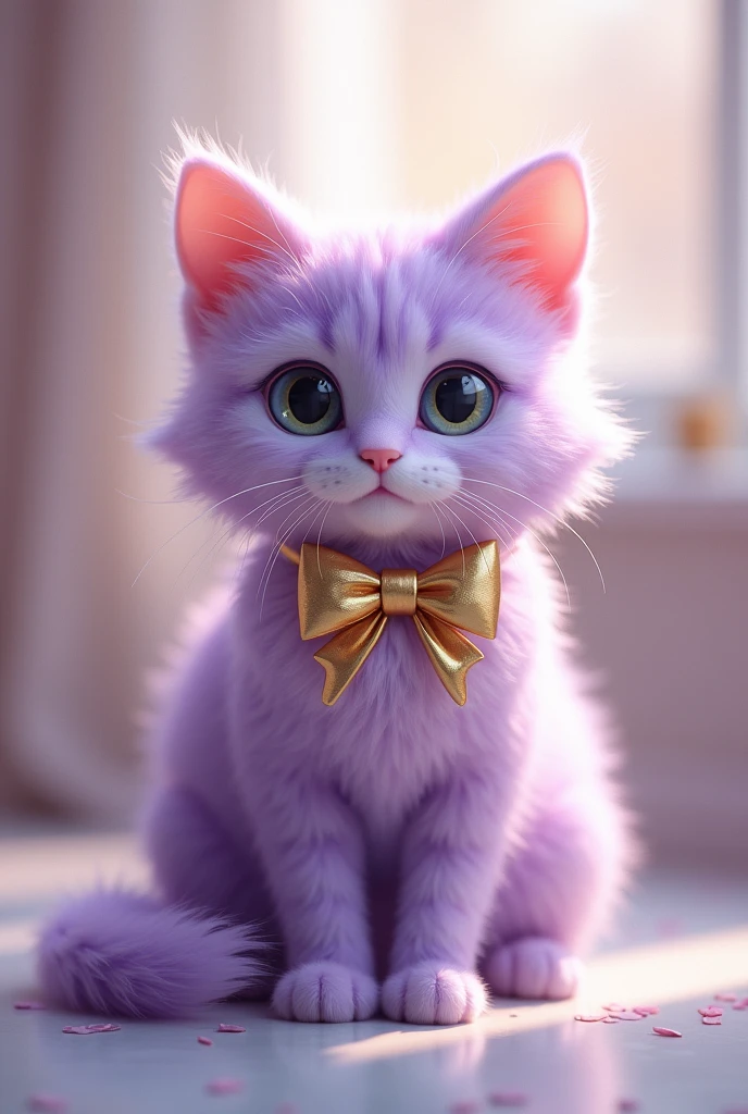 A lilac cat with golden bows . Beautiful and hairy.