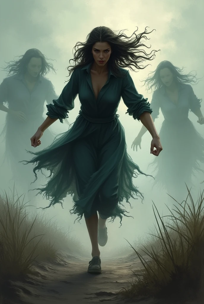 I would like you to create a drawing of a woman fleeing from her shadows of the past