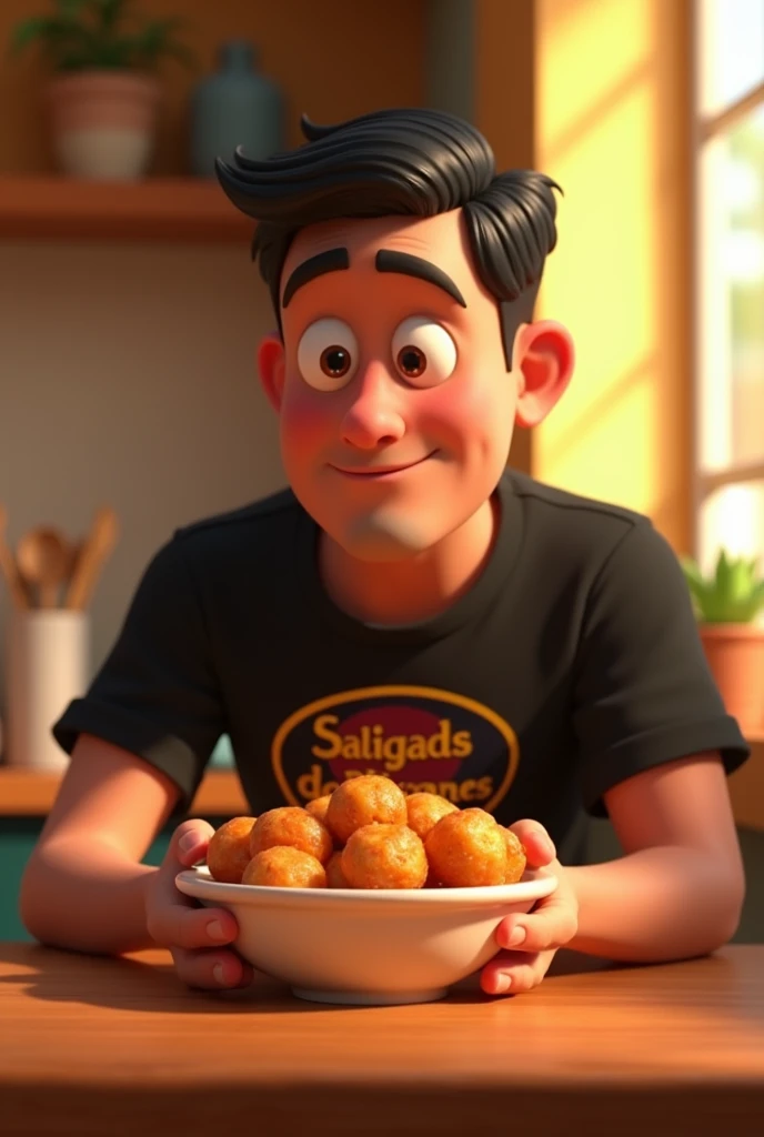Create a 3d -Pixar style cartoon scene, Where a man, short black hair 2, He is holding a bowl full of snacks and wearing a black SalgadosdoRamos shirt. . Showing Delicious coxinha snacks