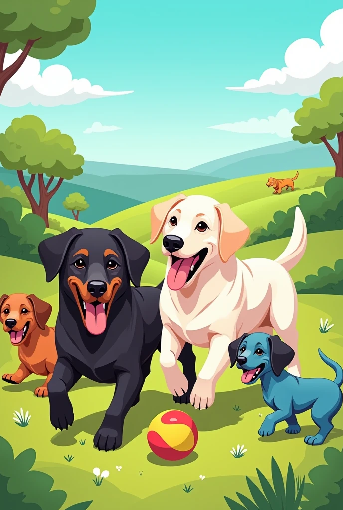 I want you to make a cartoon with:
1 black labrador,1 dark chocolate Labrador and 1 white Labrador Then I want you to add a black and white sausage and another one in a lighter blue color