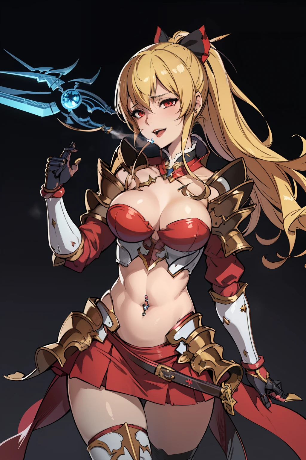 perfect anatomy, 1girl, solo, ViraGB, long hair, ponytail, makeup, lipstick, red lipstick, Hot girl, baddie, staring, glaring, bad attitude, mean girl, dare, angry, hate, crazy, smoking, sensual, attractive, masterpiece, best quality, highly detailed, fantasy , a anime girls in armored dress holding a sword
posing for a picture, evil smile, smile, open mouth, breastplate with open cleavage, cleavage, warrior
outfit, ecchi anime style, anime girls, ecchi style, (nsfw) not safe for work, ecchi, digital anime art!!, in
anime style, official artwork, visual novel cg, beautiful anime girl, anime style 4 k , loincloth, exposed
belly, exposed navel, exposed midriff, exposed lower belly, pencil skirt armored, castle,inside castle,
navel piercing