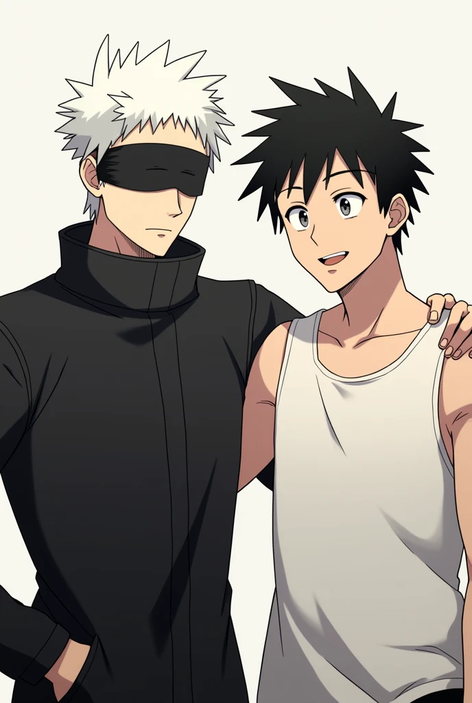 Create an anime-style image featuring Gojo Satoru and Toji Fushiguro from Jujutsu Kaisen standing together as friends. Gojo should have his iconic white hair, blindfold covering his eyes, and be wearing a black high-collared jacket. He has a calm and confident expression. Toji should have short black hair, a muscular build, and a scar on his lip, wearing a sleeveless shirt. They are standing close to each other, smiling slightly, in a casual and friendly pose. The background should be simple and neutral, focusing on the characters