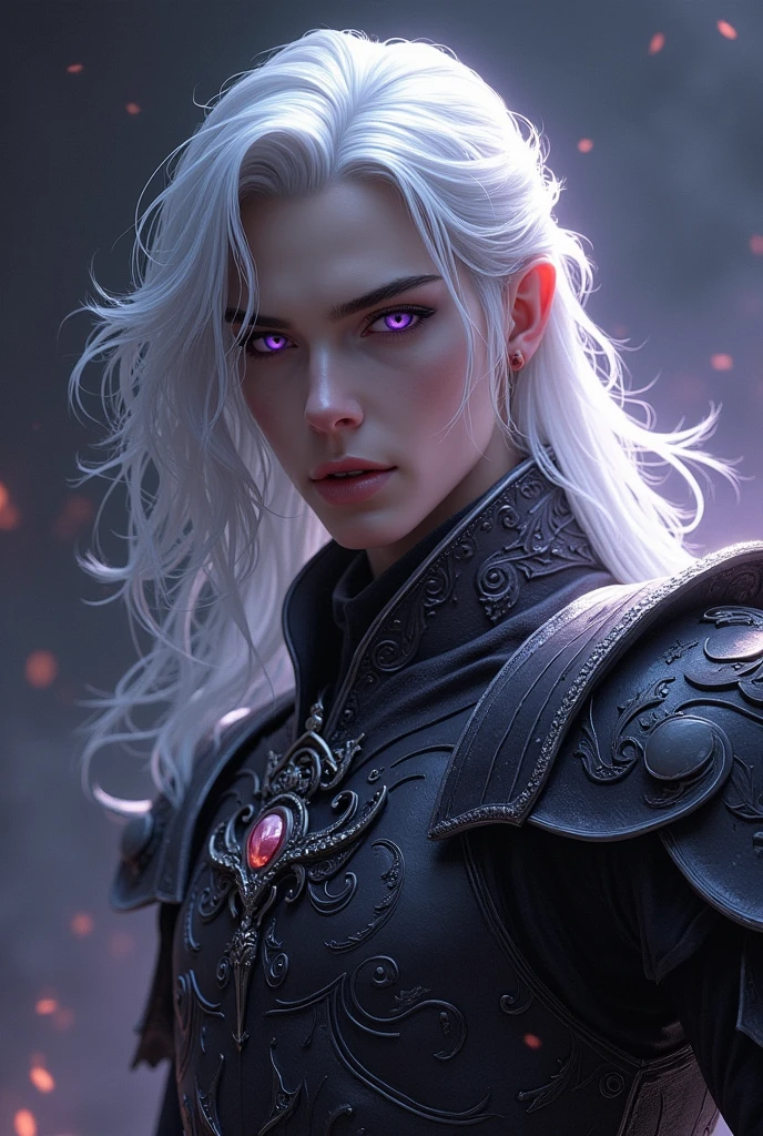 Create a demon prince man with armor, that is attractive and elegant, that has long white hair and lilac eyes