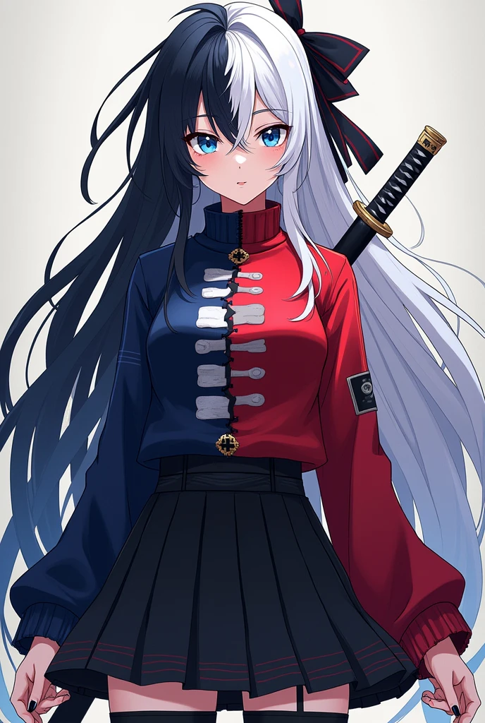 Spawns a white girl with white eyes and hair on the left side and black eyes and hair on the right side in the style of Kimetsu no Yaiba., Her hair reaches down to her ankles, with dark blue male demon slayer uniform fully covered, chest covered in bandages, two nichirin katanas on the back, imagem de fully body, rin tohsaka, Masterpiece artwork, 8k, high qualiy, fully body, small medium thighs, Waist slender, sexy and well defined body, rin, blue colored eyes, chestnut hair, long hair, two sides up, distributed strip, black hair ribbon, red sweater , high collar, long sleeves, cross print, Black Skirt, pleatedskirt, miniskirt, black pantyhose,