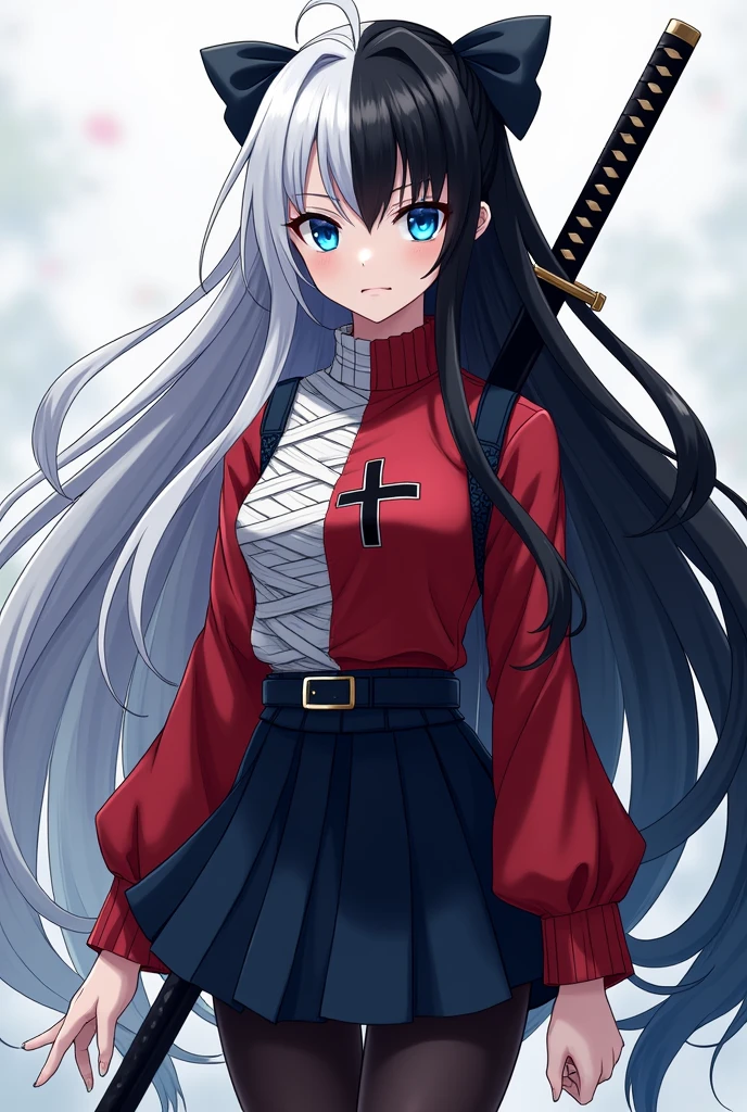 Spawns a white girl with white eyes and hair on the left side and black eyes and hair on the right side in the style of Kimetsu no Yaiba., Her hair reaches down to her ankles, with dark blue male demon slayer uniform fully covered, chest covered in bandages, two nichirin katanas on the back, imagem de fully body, rin tohsaka, Masterpiece artwork, 8k, high qualiy, fully body, small medium thighs, Waist slender, sexy and well defined body, rin, blue colored eyes, chestnut hair, long hair, two sides up, distributed strip, black hair ribbon, red sweater , high collar, long sleeves, cross print, Black Skirt, pleatedskirt, miniskirt, black pantyhose,