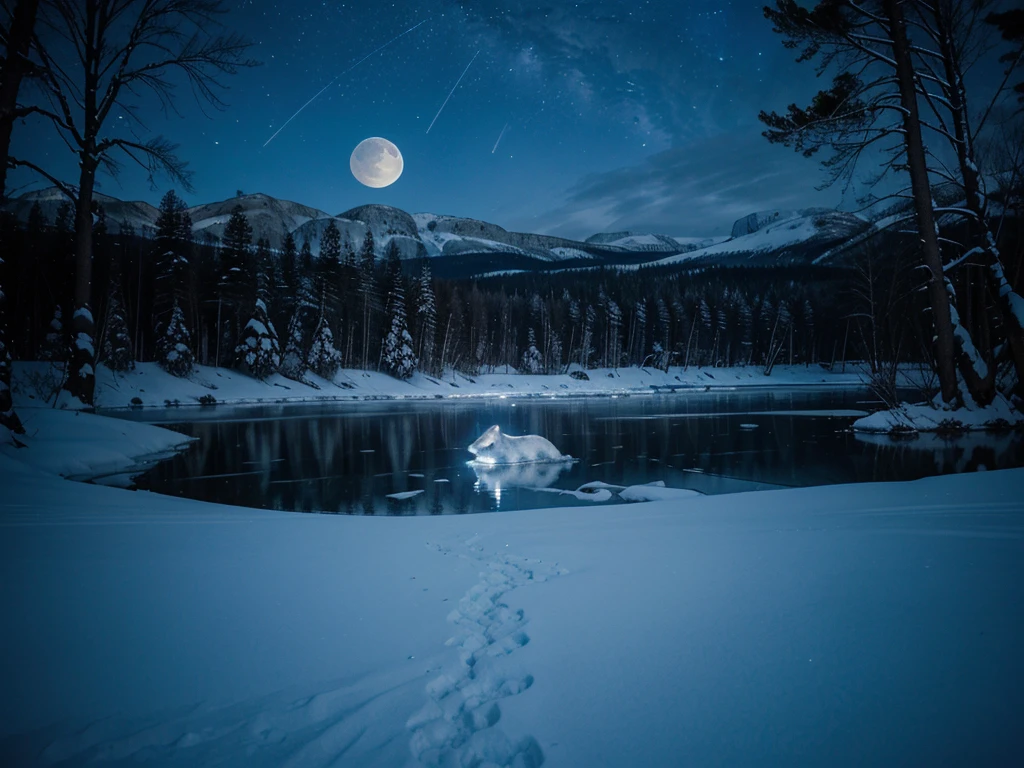 behind in the foreground deep snowdrifts far in the background forest beyond the snowdrifts lake covered with ice. dark night in the sky you can see the stars and the moon moonlight slightly illuminates the lake with a ghostly white-blue light. a wolf runs across the ice of the lake