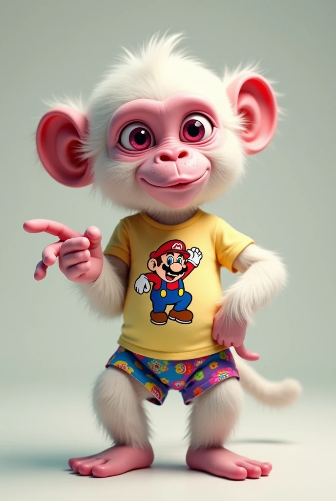 Albino chimpanzee wearing colorful boxer shorts, Mario shirt, with the left hand on the waist and the right hand pointing forward, pouting, pursing his lips in a questioning tone 