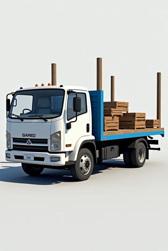 image of a real white truck with a blue platform with wooden uprights and with some wood in load