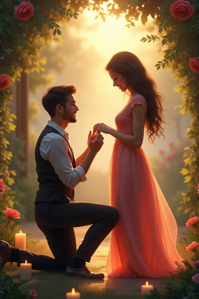 "Un homme se mettant à genoux avec une bague de fiançailles dans une scène romantique, la femme souriant avec surprise et émotion."