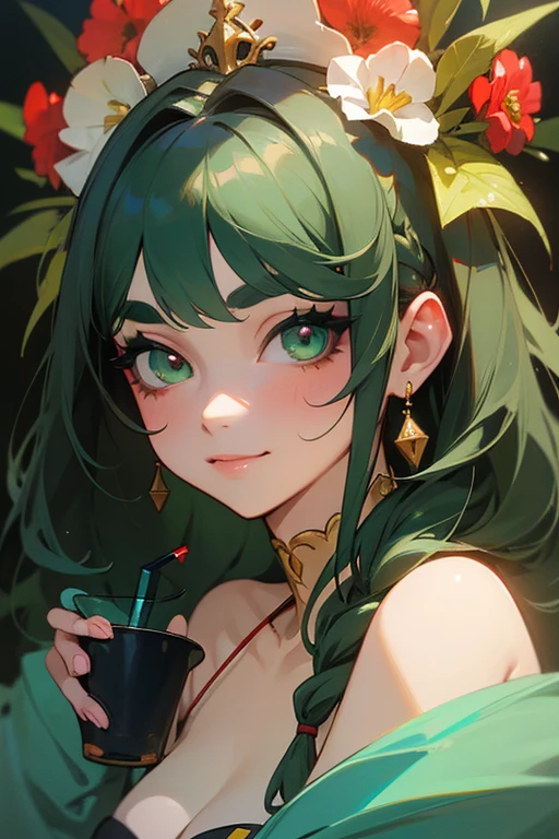 (highest quality, masterpiece:1.2), High resolution, Very detailed, Realistic:1.37, Fantasy, An illustration, Green Eyes、Queen, Red and green swimsuit、Platinum decoration、beautifully、Eyeshadow Red、Thick eyebrows、Long eyelashes、pupils are black、Her hair is dark green、Gold crown、Kissing Face、Embarrassing、Beloved by the crowd、Hair is green、Braiding、hair ornaments、Laugh gently、Close one eye、Wink、Wink、From the waist up、bikini、