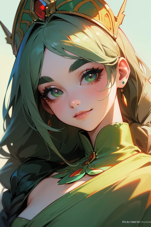 (Highest quality, masterpiece:1.2), High resolution, Very detailed, Realistic:1.37, Fantasy, An illustration, Green Eyes、Queen, Platinum decoration、beautifully、Eyeshadow Red、Thick eyebrows、Long eyelashes、pupils are black、Her hair is light green、Embarrassing、people々々々々々々Loved by、Shoulder Bare、Braiding、((Swimwear)).(Save face image),((Drink a drink)).(Smile)、