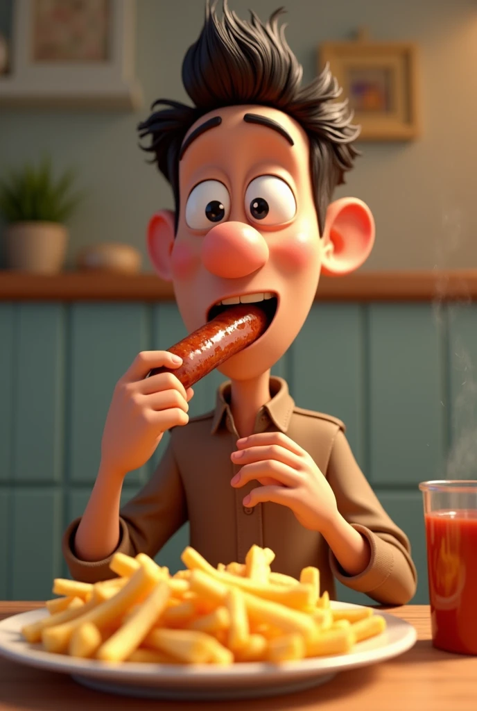 Pixar man thin normal eyes full body eating sausage and chips