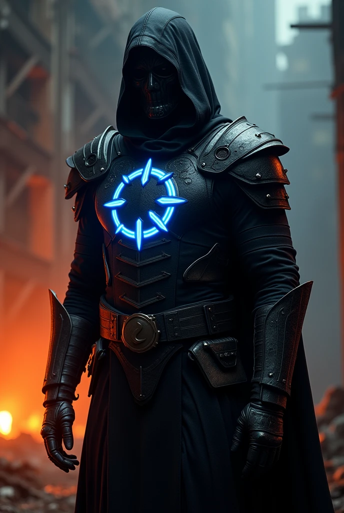 We are designing Azerbaijan's assassin in a way that is modern but also includes historical elements. Here are the details that define this character: - **Outfit**: A black, armored outfit. - **Chest Detail**: Let it be a blue-lit star with 8 sides and a half-moon, let it be big.- **Mask**: A mask that covers part of the face, reminiscent of an assassin's mask. - **Background**: Dark, gloomy atmosphere; A background reflecting the war environment. - **Color Palette**: Vibrant and saturated colors, especially black and orange tones. I'm starting to create this design right away! It may take some time.Let there be things that symbolize AzerbaijanThe character should be in the middle of the picture and have legs.