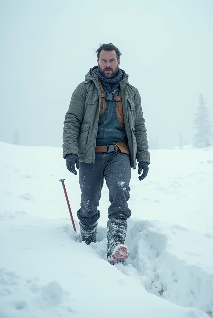 Create a drawing of a man in the snow without his ski shoes and sinking in the snow
