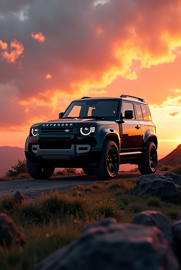 (photorealism:1.2), a beautiful black land rover defender at sunset