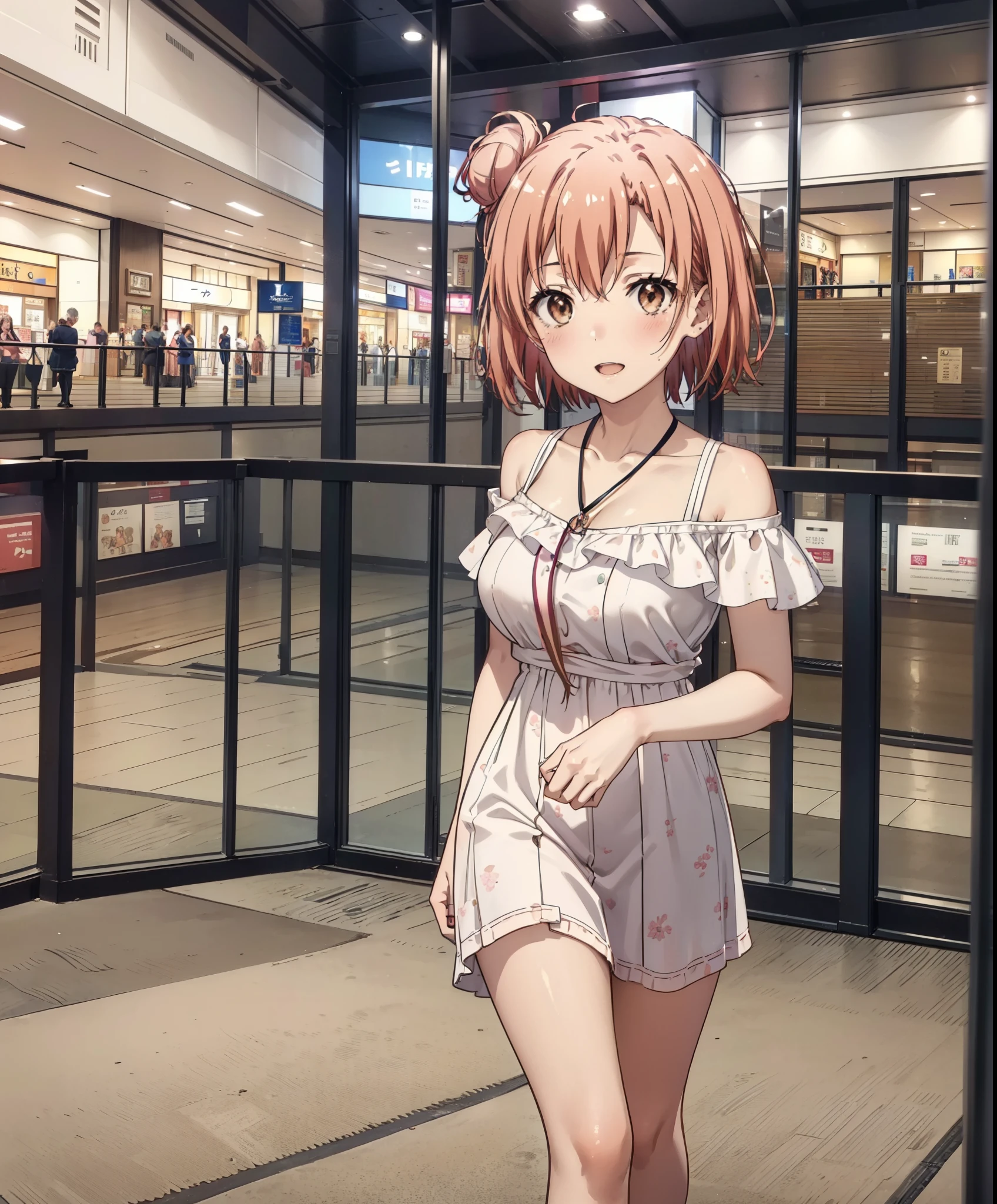 yuiyuigahama, yui yuigahama, short hair, (Brown eyes:1.5), (Pink Hair:1.2), Hair Bun, single Hair Bun,Big Breasts,smile,blush,Open your mouth,Off-the-shoulder dress,Exposing shoulders,bare clavicle,Bare neck,Rocket Pendant,mini skirt,Cute heeled sandals,Walking,whole bodyがイラストに入るように,
break indoors,Shopping mall,
break looking at viewer, whole body,
break (masterpiece:1.2), Highest quality, High resolution, unity 8k wallpaper, (shape:0.8), (Beautiful attention to detail:1.6), Highly detailed face, Perfect lighting, Extremely detailed CG, (Perfect hands, Perfect Anatomy),