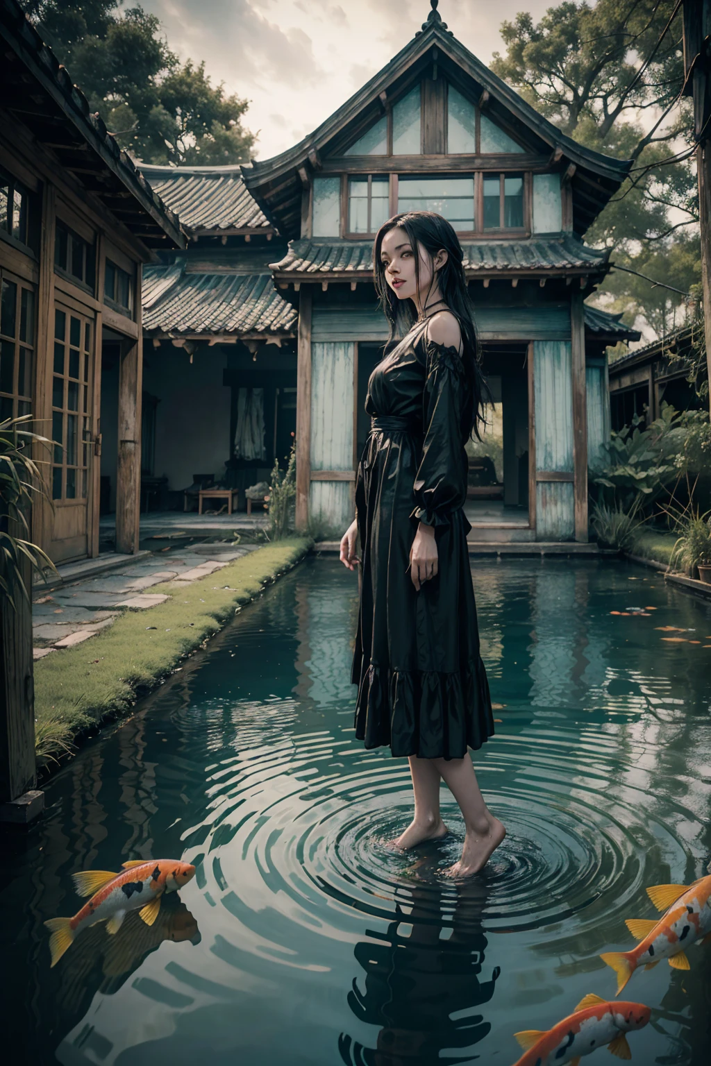 Horror. Macabre. old vintage photo. miasma. dread. Pond in the patio of an abandoned house, with koi fish swimming inside it. A barefeet woman in black clothes stands in the pond. The scene is captured through old photo, surrealism, showcasing the eerie nature amidst urban decay. over the shoulder shot. cinematic lighting.
