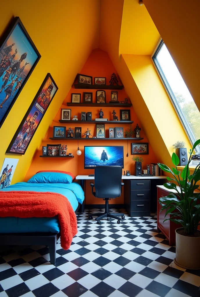 gamer room with triangular dimensions, Black and white checkered floor, very light yellow walls, shelves with action figures, clothes closet, movie posters, bed-in