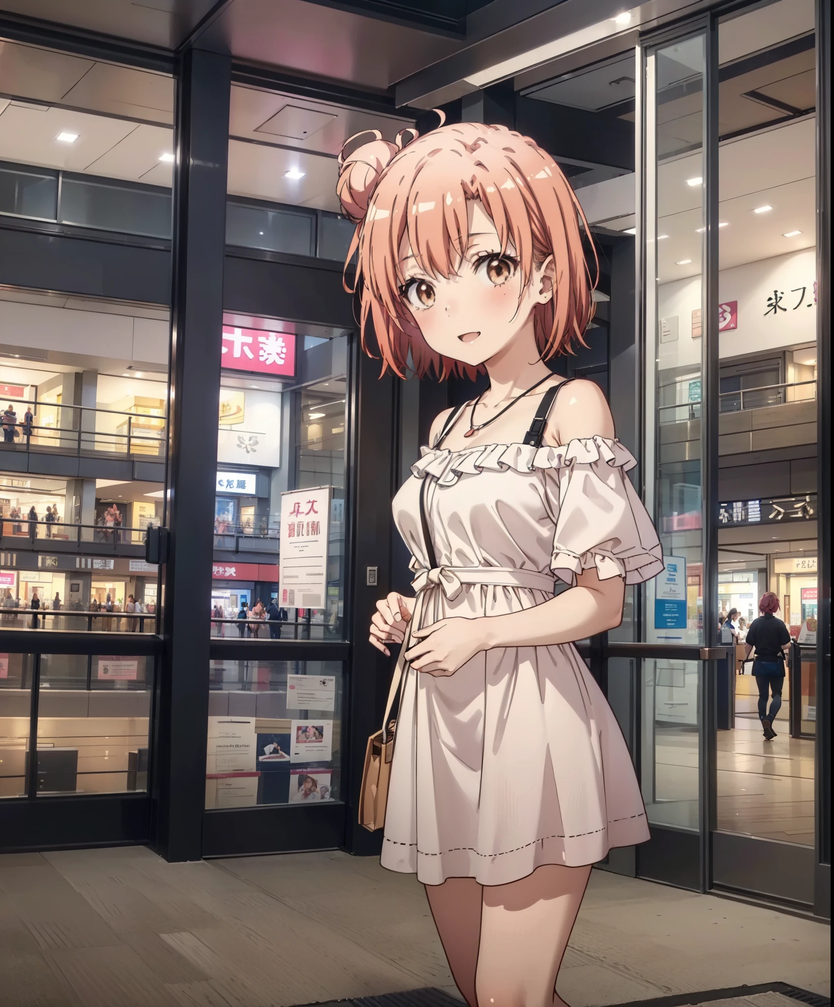 yuiyuigahama, yui yuigahama, short hair, (Brown eyes:1.5), (Pink Hair:1.2), Hair Bun, single Hair Bun,Big Breasts,smile,blush,Open your mouth,Off-the-shoulder dress,Exposing shoulders,bare clavicle,Bare neck,Rocket Pendant,mini skirt,Cute heeled sandals,Daytime,sunny,walk,whole bodyがイラストに入るように,
break indoors,Shopping mall,
break looking at viewer, whole body,
break (masterpiece:1.2), Highest quality, High resolution, unity 8k wallpaper, (shape:0.8), (Beautiful attention to detail:1.6), Highly detailed face, Perfect lighting, Extremely detailed CG, (Perfect hands, Perfect Anatomy),