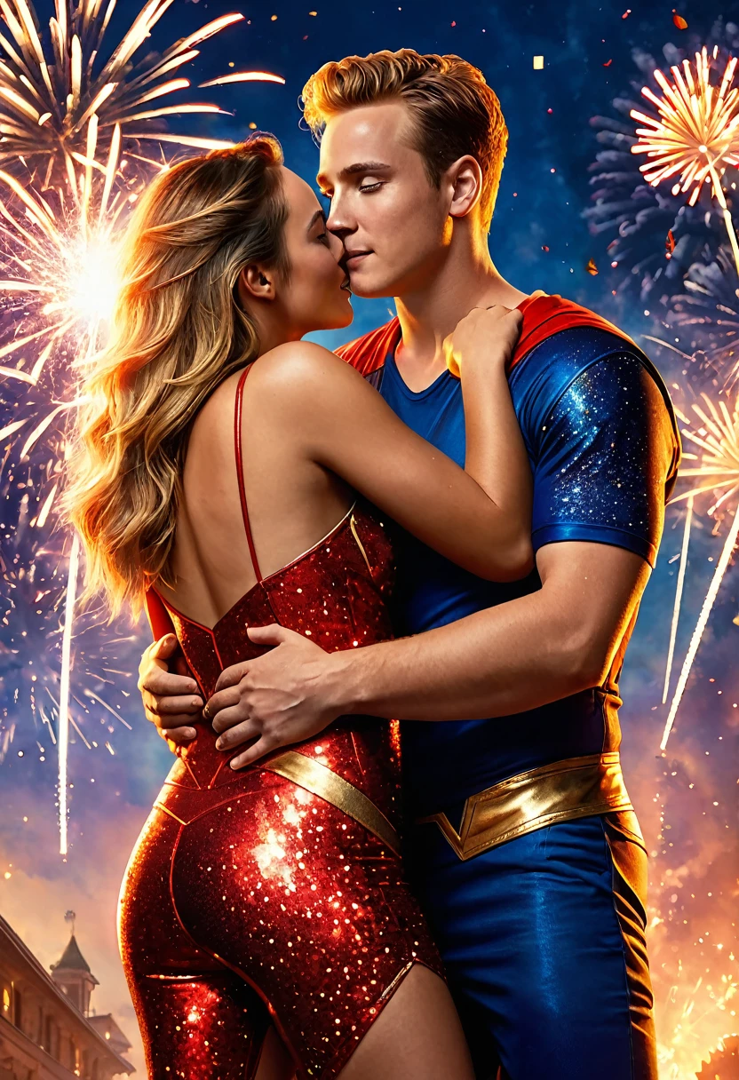 (((high quality:1.2))), Work of art, (8k), extremely detailed, ((High detail:1.2)) ((best resolution)), 2 people, ((Elenc The Boys, Homelander hugging Firecracker woman)), 