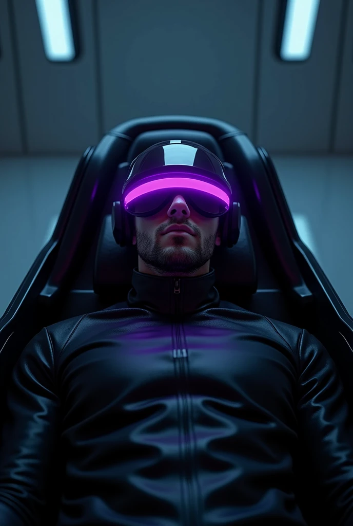 Visor with purple glowing line in the center、male、Sleep、Black recovery capsule bed。