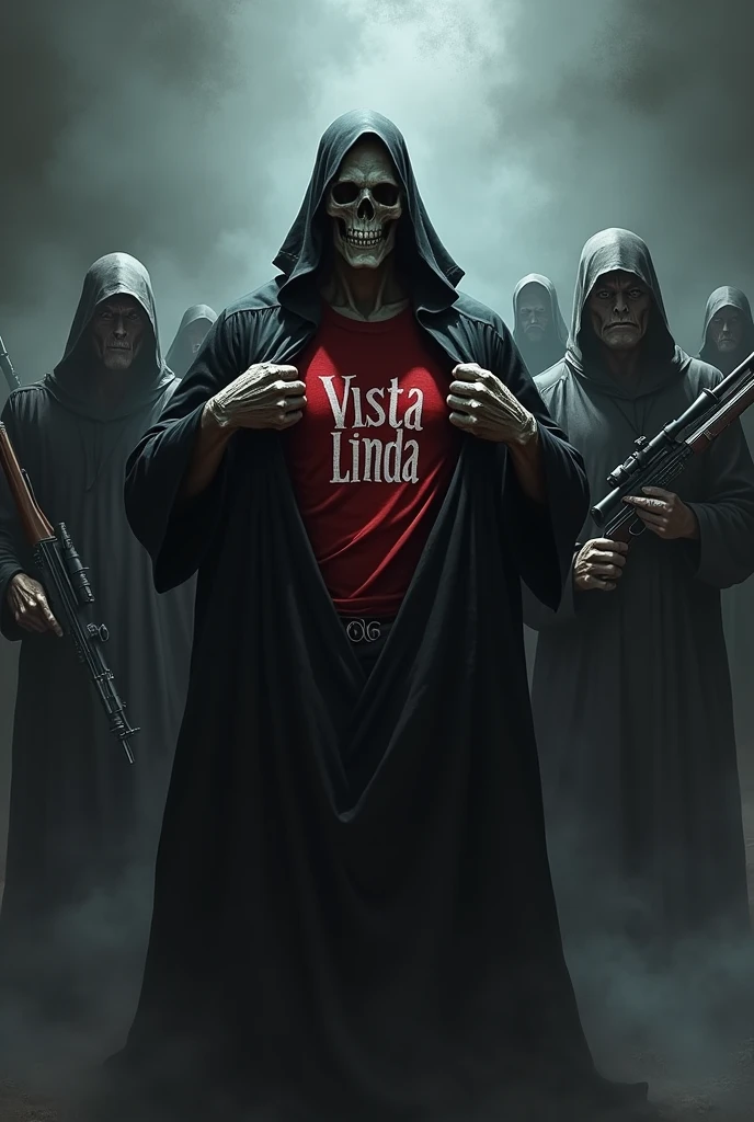 Death opening and showing a shirt with the words Vista linda written on it with his henchmen with rifles on their backs
