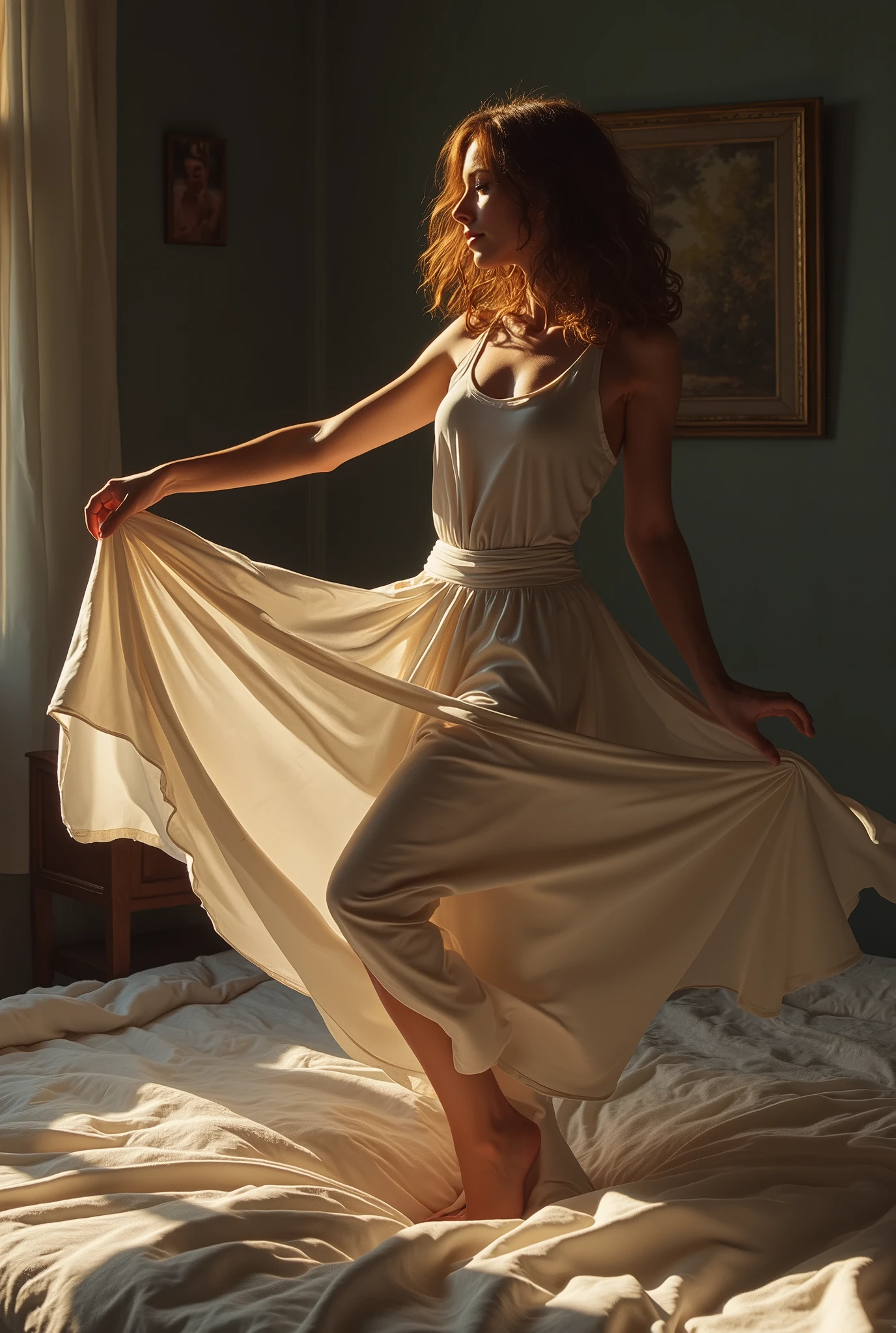 (photorealism:1.2),  dancing on bed