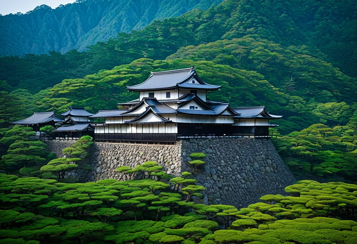This landscape features an ancient castle built during Japan's Sengoku period, nestled among majestic mountains. The castle stands quietly, harmonizing beautifully with its natural surroundings. The stone walls and wooden structures, rich with historical ambiance, evoke the atmosphere of that bygone era. This traditional yet vividly colored scenery symbolizes the beauty of Japan during the Sengoku period.