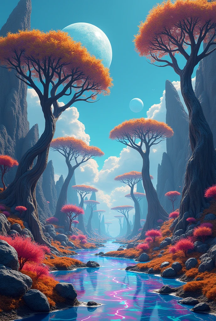 Create a landscape with trees and some plants as well as with characteristics of an alien planet. But without aliens