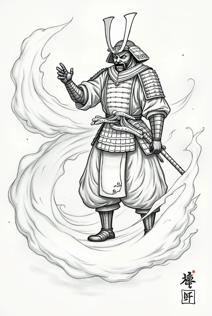 Samurai on a cloud , wearing ogre mask , gazing to his right , old japanese painting style , with hands on sheathed weapon at hip ,