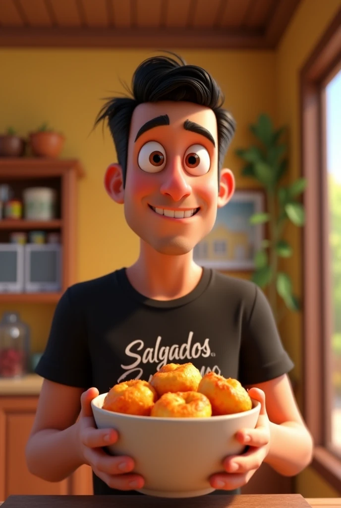 Create a 3d -Pixar style cartoon scene, Where a man, short black hair 2, He is holding a bowl full of snacks and wearing a black SalgadosdoRamos shirt. . Showing Delicious coxinha snacks