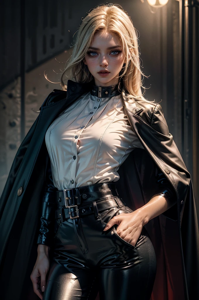 cowboy shot,a pretty 2 girl,blond hair,blue eyes,lora_Emma,slim athletic body,tight and stretched white blouse with buttons,button gap,short sleeves,pokies,ultra low rise black shiny latex pants,(double metal belt),empty studiobackground,((black coat on shoulders)),(best quality,4k,8k,highres,masterpiece:1.2),ultra-detailed,(realistic,photorealistic,photo-realistic:1.37),dramatic lighting,cinematic,fashion photography,studio lighting,high contrast,vivid colors,beautiful detailed eyes,beautiful detailed lips,extremely detailed eyes and face,long eyelashes, (hand in pockets)