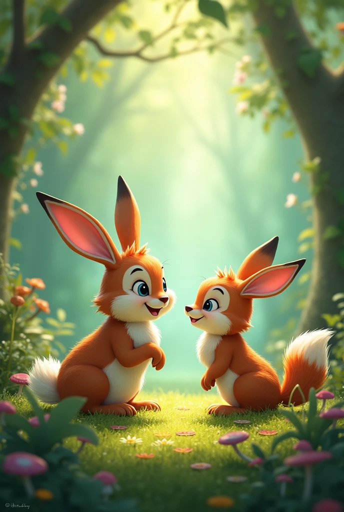 Bunny smiling at fox in the forest