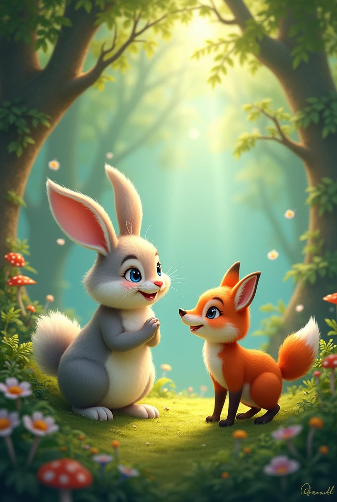 Bunny smiling at fox in the forest