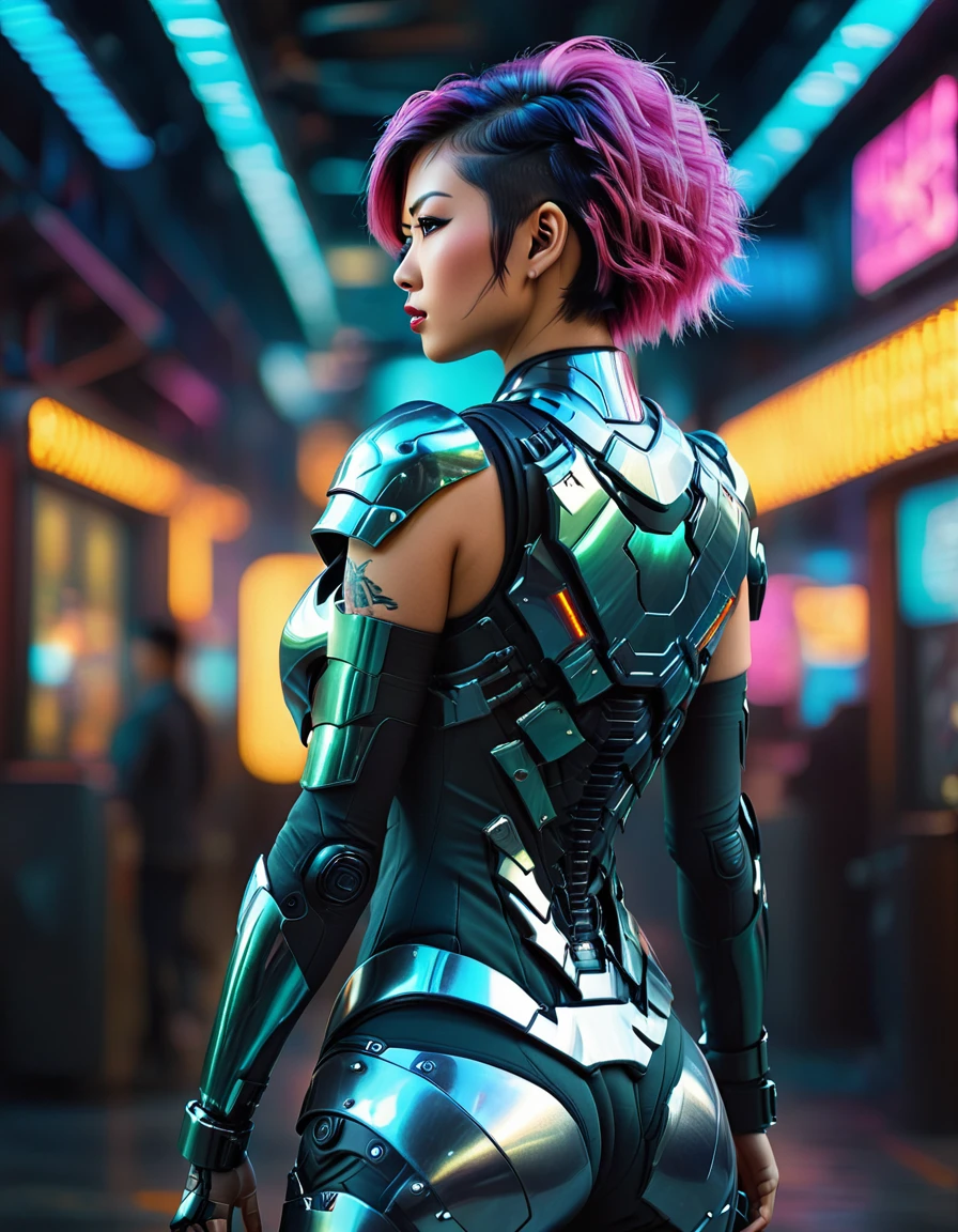 beautiful busty Asian woman, punk hair style, full body view from behind, long legs, tattoo 1girl, futuristic, sci-fi, art deco armor, intricate detailed face, hyper realistic, photorealistic, 8k, (best quality,4k,8k,highres,masterpiece:1.2),ultra-detailed,(realistic,photorealistic,photo-realistic:1.37),HDR,UHD,studio lighting,ultra-fine painting,sharp focus,physically-based rendering,extreme detail description,professional,vivid colors,bokeh,cinematic lighting,dramatic lighting,chiaroscuro,dramatic contrast,moody,cyberpunk,highly detailed