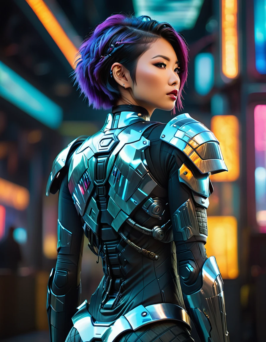 beautiful busty Asian woman, punk hair style, full body view from behind, long legs, tattoo 1girl, futuristic, sci-fi, art deco armor, intricate detailed face, hyper realistic, photorealistic, 8k, (best quality,4k,8k,highres,masterpiece:1.2),ultra-detailed,(realistic,photorealistic,photo-realistic:1.37),HDR,UHD,studio lighting,ultra-fine painting,sharp focus,physically-based rendering,extreme detail description,professional,vivid colors,bokeh,cinematic lighting,dramatic lighting,chiaroscuro,dramatic contrast,moody,cyberpunk,highly detailed