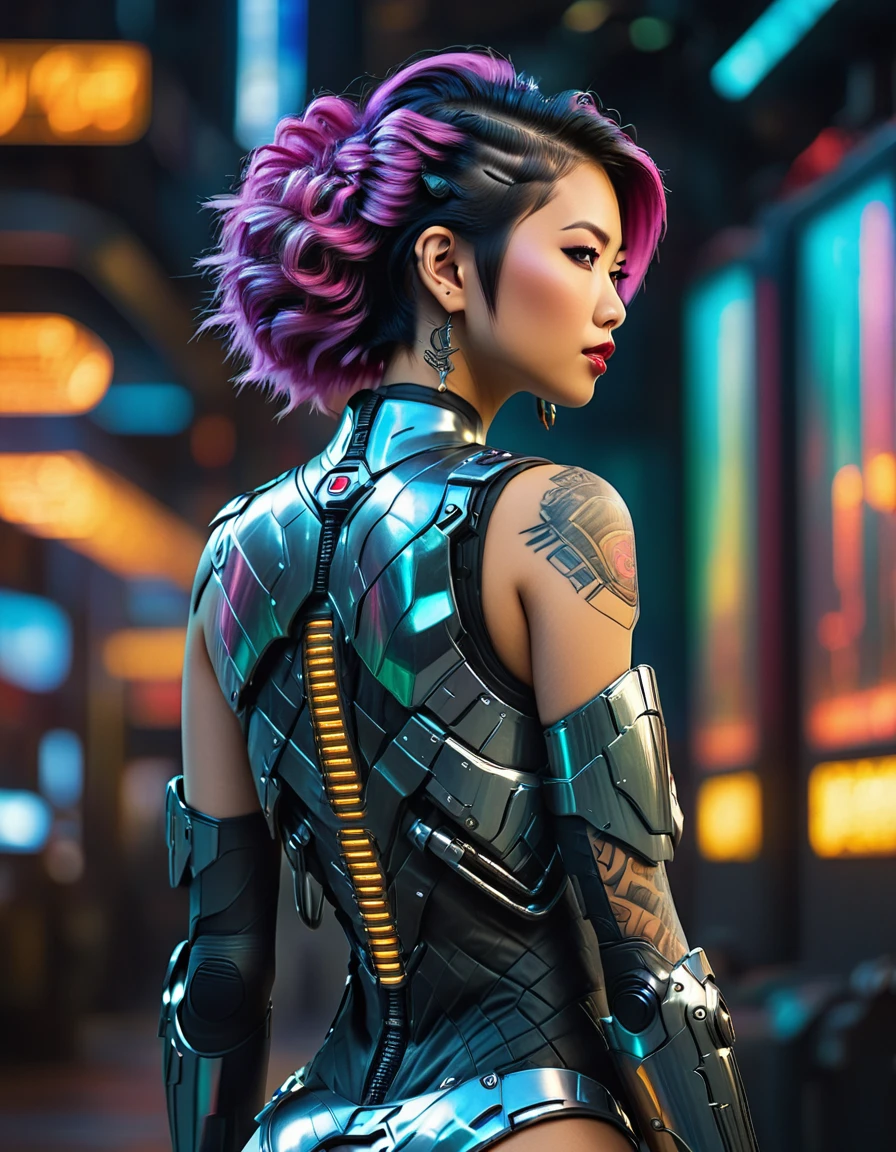 beautiful busty Asian woman, punk hair style, full body view from behind, long legs, tattoo 1girl, futuristic, sci-fi, art deco armor, intricate detailed face, hyper realistic, photorealistic, 8k, (best quality,4k,8k,highres,masterpiece:1.2),ultra-detailed,(realistic,photorealistic,photo-realistic:1.37),HDR,UHD,studio lighting,ultra-fine painting,sharp focus,physically-based rendering,extreme detail description,professional,vivid colors,bokeh,cinematic lighting,dramatic lighting,chiaroscuro,dramatic contrast,moody,cyberpunk,highly detailed