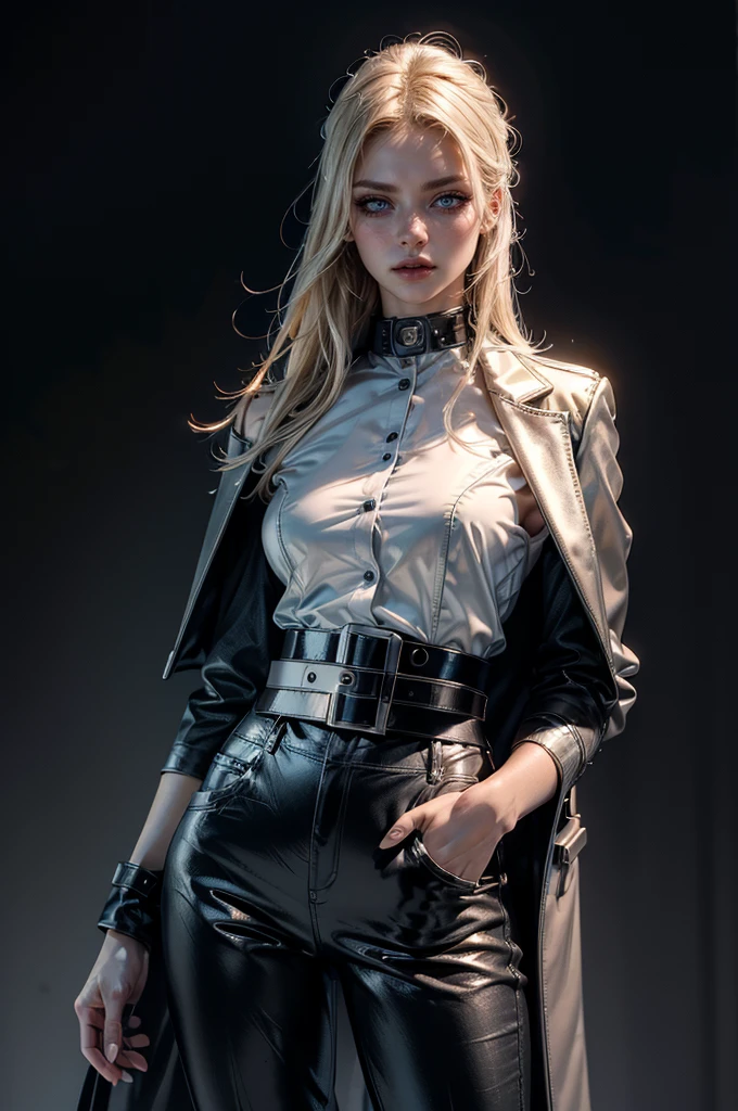 cowboy shot,a pretty 2 girl,blond hair,blue eyes,lora_Emma,slim athletic body,tight and stretched white blouse with buttons,button gap,short sleeves,pokies,ultra low rise black shiny latex pants,(double metal belt),empty studiobackground,((black coat on shoulders)),(best quality,4k,8k,highres,masterpiece:1.2),ultra-detailed,(realistic,photorealistic,photo-realistic:1.37),dramatic lighting,cinematic,fashion photography,studio lighting,high contrast,vivid colors,beautiful detailed eyes,beautiful detailed lips,extremely detailed eyes and face,long eyelashes, (hand in pockets)