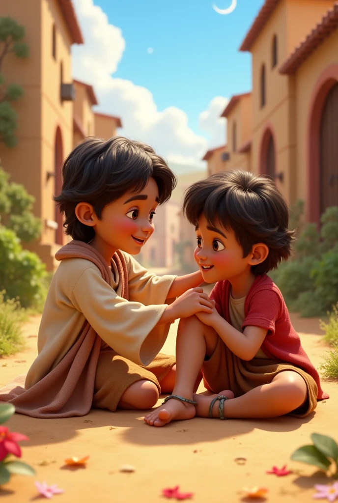 A 3D movie poster in Disney-Pixar style of JJesus as a boy helping another boy who broke his ankle.
