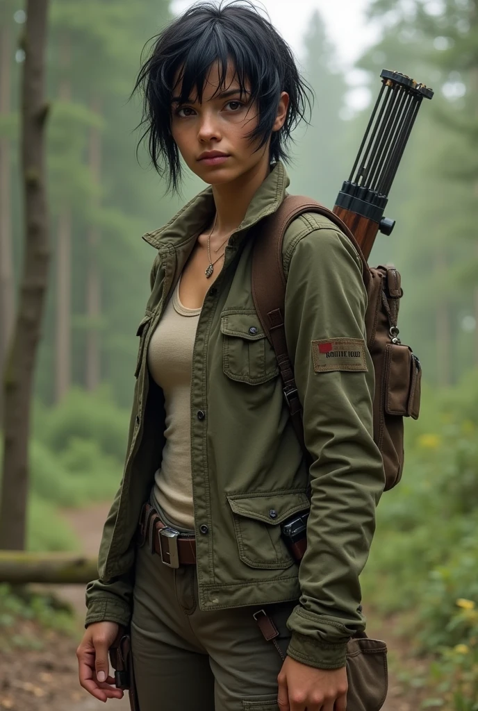Visual Description: Claire is wiry and agile, built for speed and stealth. Her olive skin is tanned from countless hours spent outdoors, and her black hair is cut short and uneven, hacked off with a knife for practicality. Her dark brown eyes are sharp and focused, always scanning the landscape. Claire dresses in muted earth tones—lightweight jackets, cargo pants, and trail shoes—that help her blend into her environment. Her crossbow is slung across her back, and a few homemade bolts are tucked into a quiver at her hip.
but she is dressed slutty with clothes that shows of her body sith a slutty pose