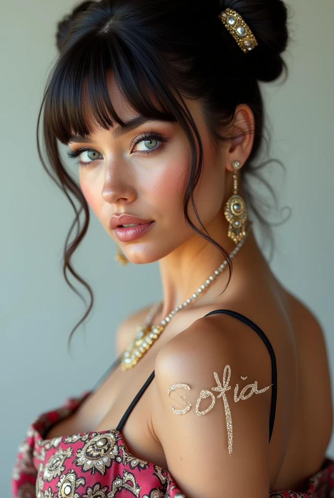 Mexican A beautiful pale-skinned Latina , eyes blue, full body, perfect body, two buns, straight bangs, (best quality,4k,8k,highres,masterpiece:1.2),ultra-detailed,(realistic,photorealistic,photo-realistic:1.37),HDR,UHD,studio lighting,ultra-fine painting,sharp focus,physically-based rendering,extreme detail description,professional,vivid colors,bokeh,portraiture,glamour,sensual,alluring,wear mexi, in style of Retna, full body, write the name Sofia with glitter